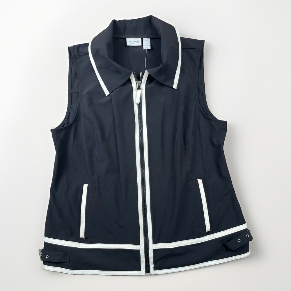 Zenergy by Chico's Vest Size 1 / Medium Black White Colorblock Full Zip Collared